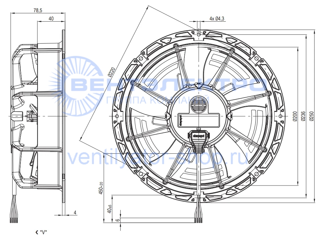 Габаритные размеры компактного вентилятора W1G200-EC87-25