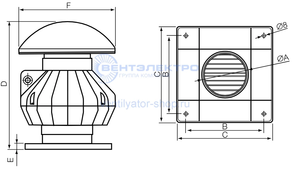 Габаритный чертёж крышного вентилятора WIND-PL 160/300 Shuft