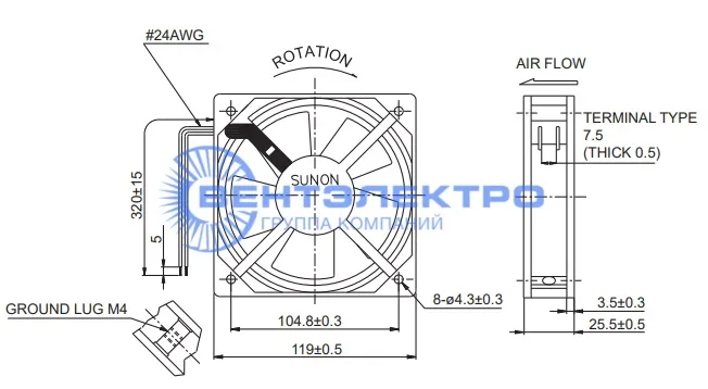 Габариты Sunon SP101AT-1122HBL.GN Габариты Sunon SP101AT-1122HBL.GN