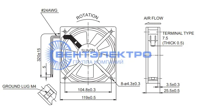 Габариты Sunon SP103AT-1122LBL.GN Габариты Sunon SP103AT-1122LBL.GN