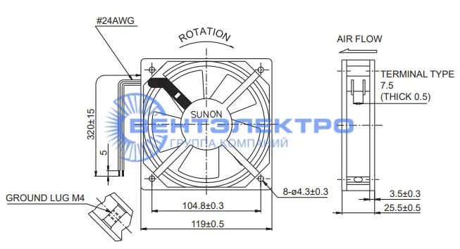Габариты Sunon SP103AT-1122LSL.GN Габариты Sunon SP103AT-1122LSL.GN