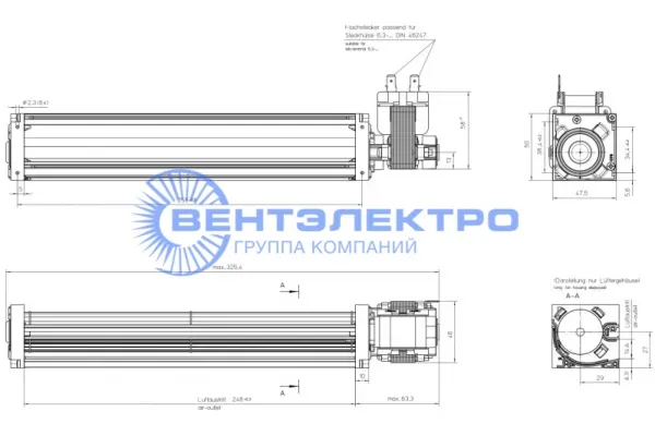 Размеры тангенциального вентилятора QL3/2500A3-2118LH-455ca Эбм-Папст