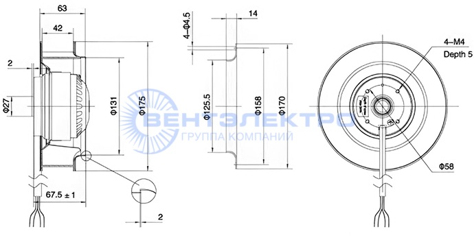 Габаритные размеры радиального вентилятора LXFB2E175/42-P92/15 Weiguang