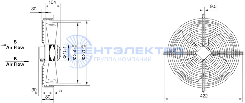 Габаритные размеры осевого вентилятора YWF4D-350B-102/34-G Weiguang Габаритные размеры осевого вентилятора YWF4D-350B-102/34-G Weiguang