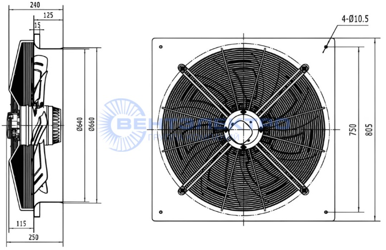 Габаритные размеры осевого вентилятора YWF4D-630B-180/75-B Weiguang Габаритные размеры осевого вентилятора YWF4D-630B-180/75-B Weiguang