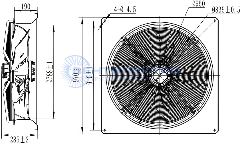 Габаритные размеры осевого вентилятора YWF6D-800B-180/105-B1 Weiguang