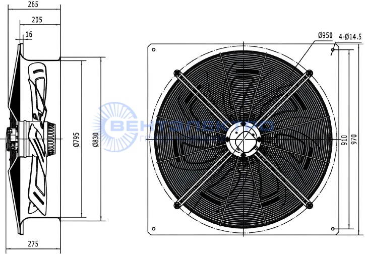 Габаритные размеры осевого вентилятора YWF6D-800S-180/75-B Weiguang Габаритные размеры осевого вентилятора YWF6D-800S-180/75-B Weiguang