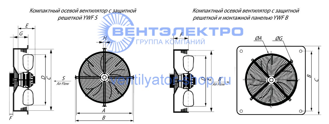 Габаритные размеры осевого вентилятора YWF4E-400B