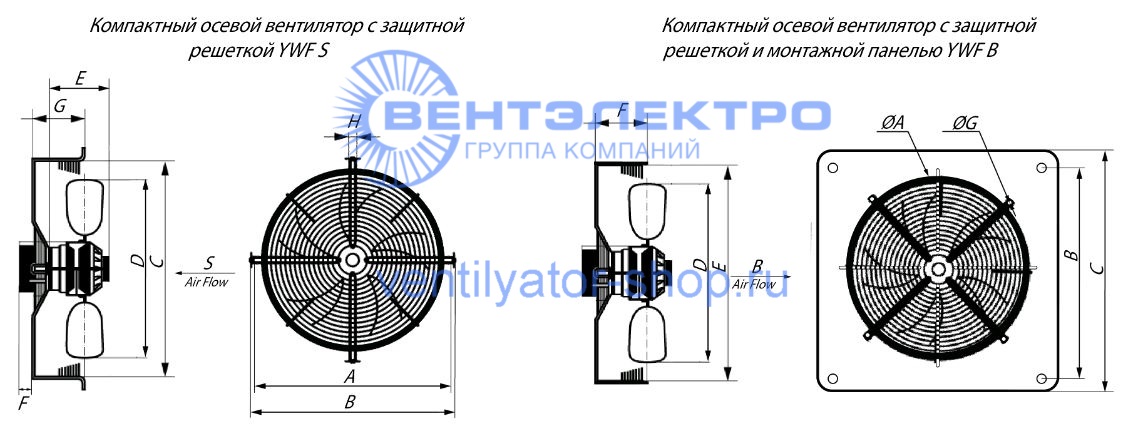 Габаритные размеры осевого вентилятора YWF4D-450B