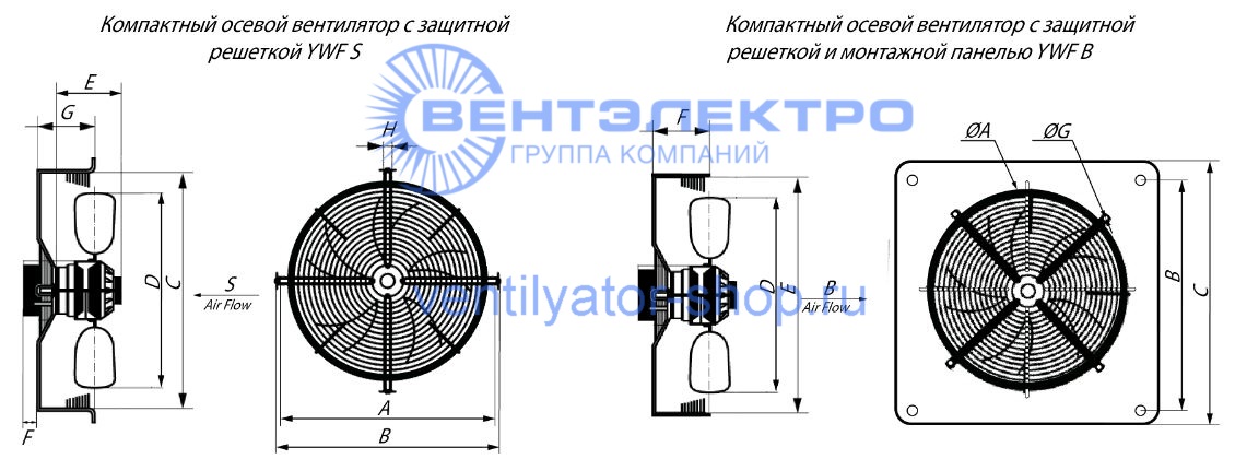 Габаритные размеры осевого вентилятора YWF4E-500B