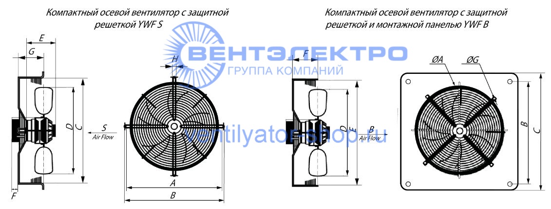 Габаритные размеры осевого вентилятора YWF4E-550B