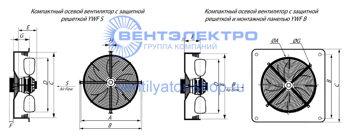 Габаритные размеры осевого вентилятора YWF4D-630B